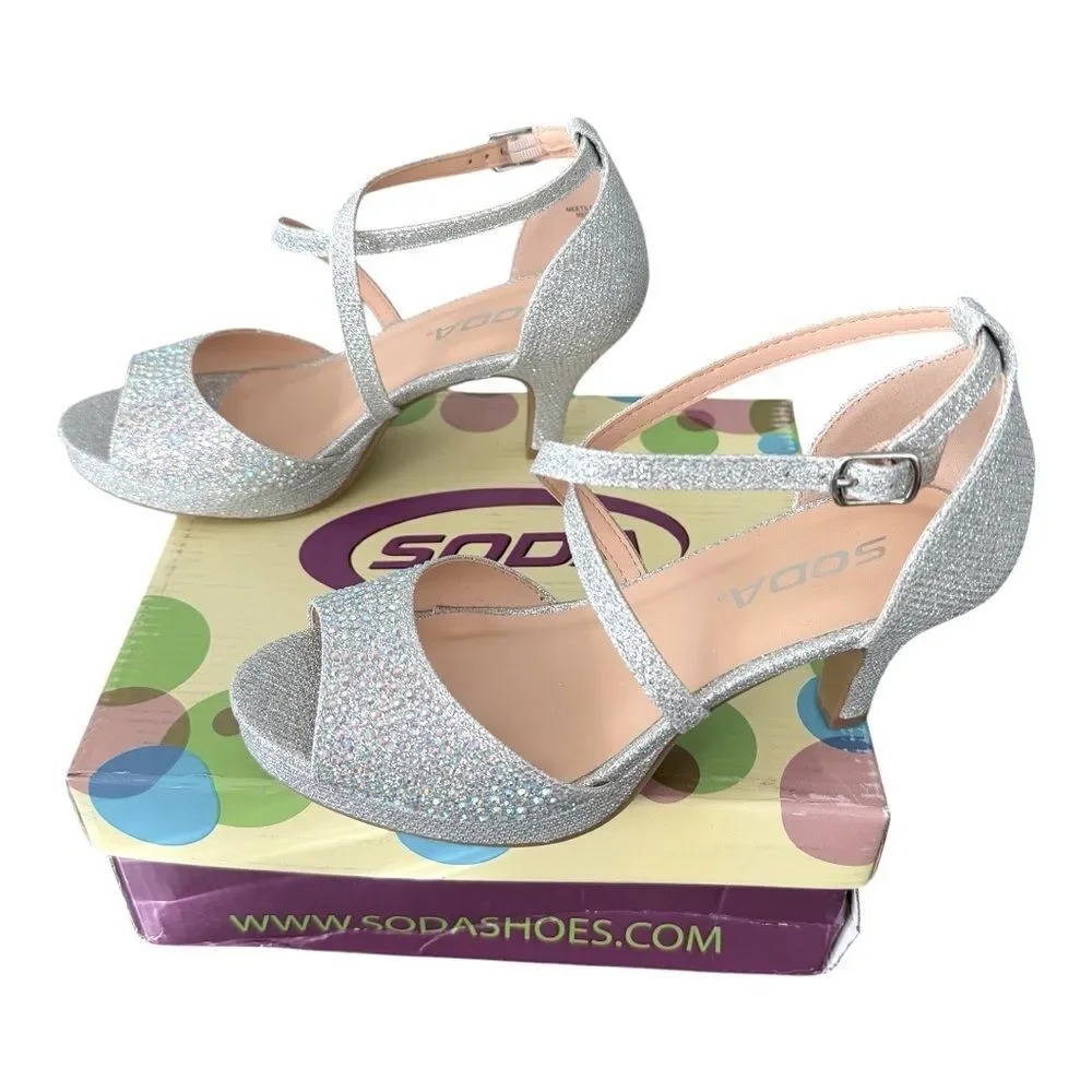 Soda Yuchi Silver Rhinestone Strappy Kitten Heels Girls Size 2